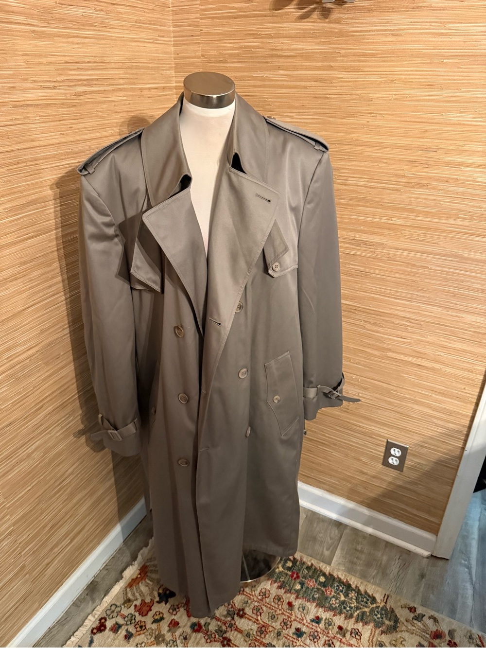 London Fog Men's Double-Breasted Trench Coat in Taupe Gray and Detachable Liner